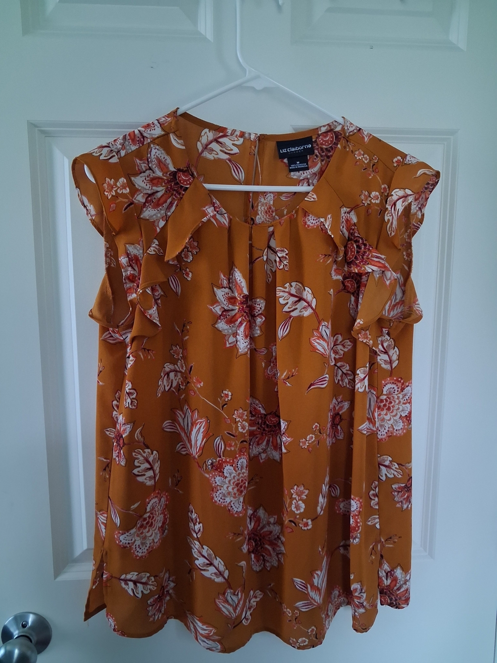 Liz Claiborne Mustard Floral Ruffle Sleeve Women’s Top